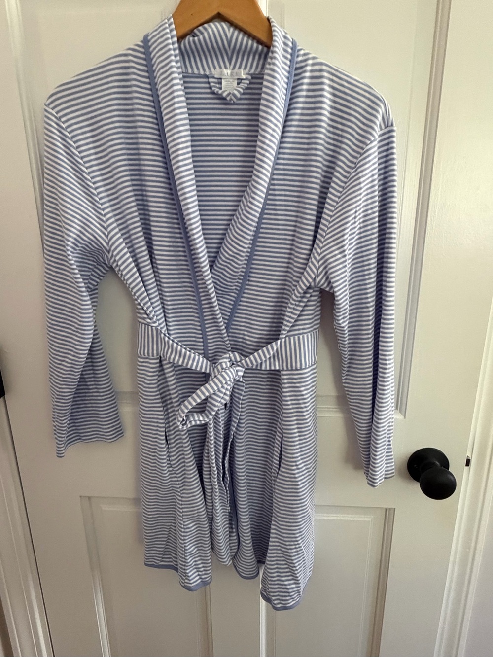 Lake Pajamas Sz S Pima Cotton Blue Striped Robe Pockets Attached Belt